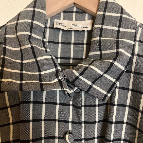 Tory Burch Top - Women's 4 Gray - Plaid Button Down Asymmetric Wrap Grey - Picture 3 of 16